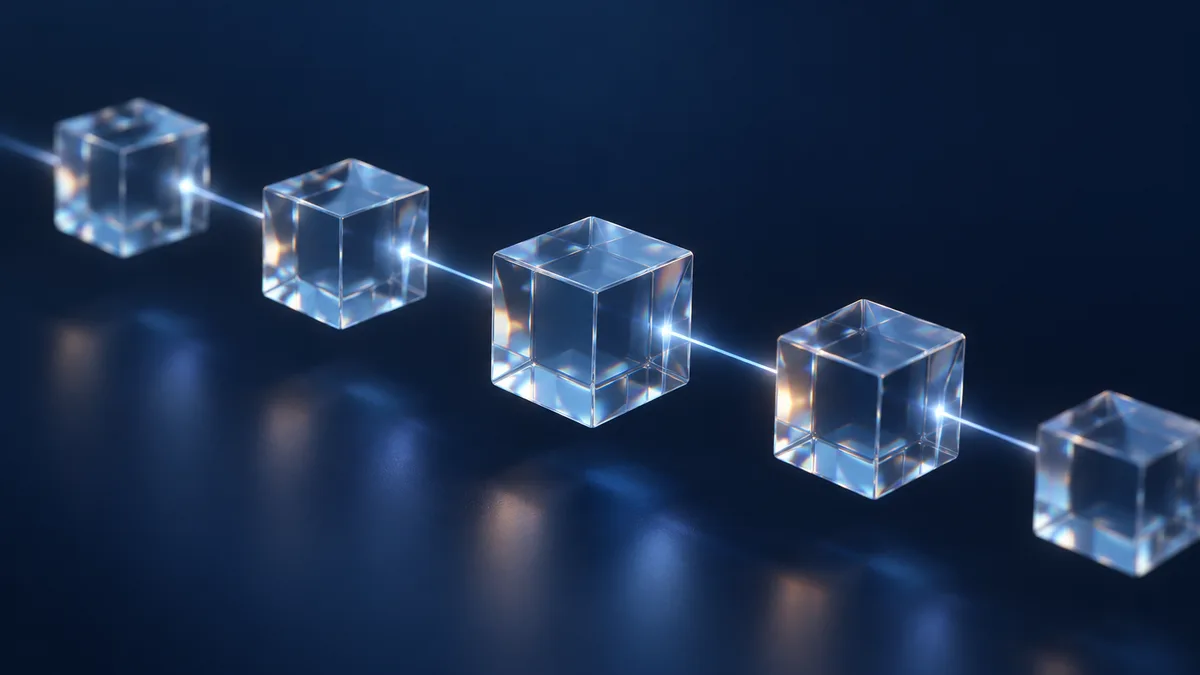 Połączone ze sobą przezroczyste sześciany symbolizujące łańcuch bloków w technologii blockchain