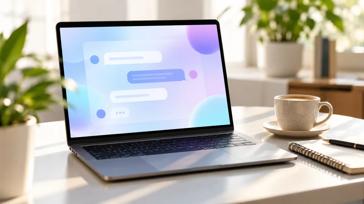 Laptop z interfejsem czatu asystenta AI na jasnym biurku