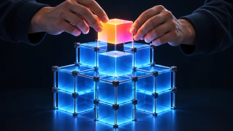 Ilustracja modułowego szkieletu z klocków symbolizującego framework w programowaniu