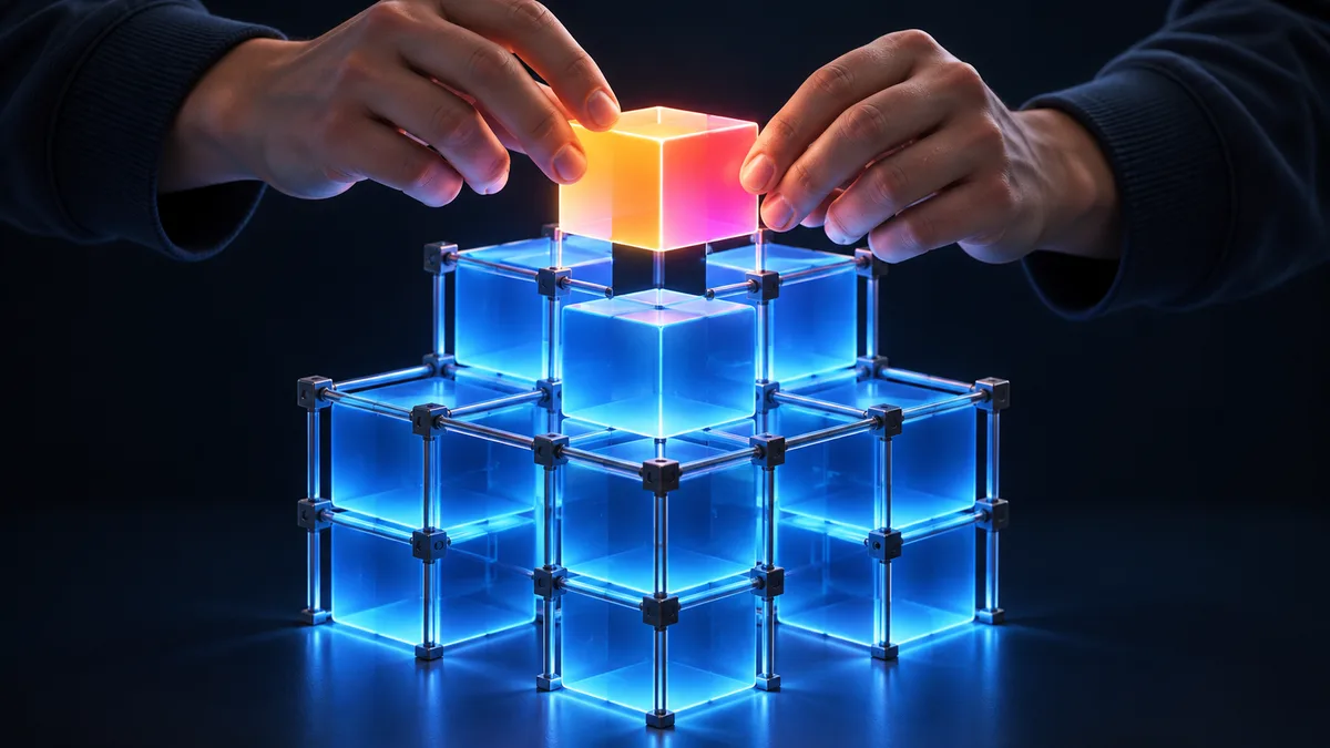 Ilustracja modułowego szkieletu z klocków symbolizującego framework w programowaniu