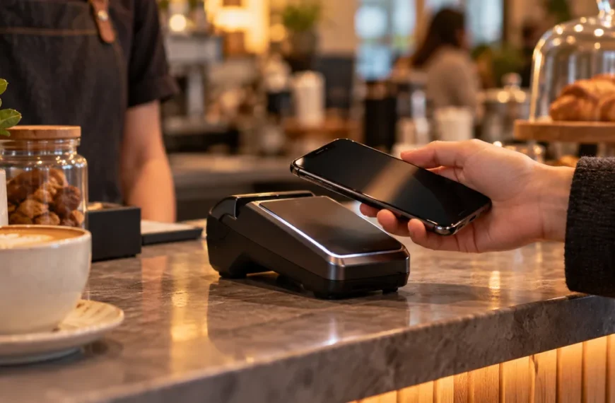 Smartfon przyłożony do terminala płatniczego – płatność zbliżeniowa NFC