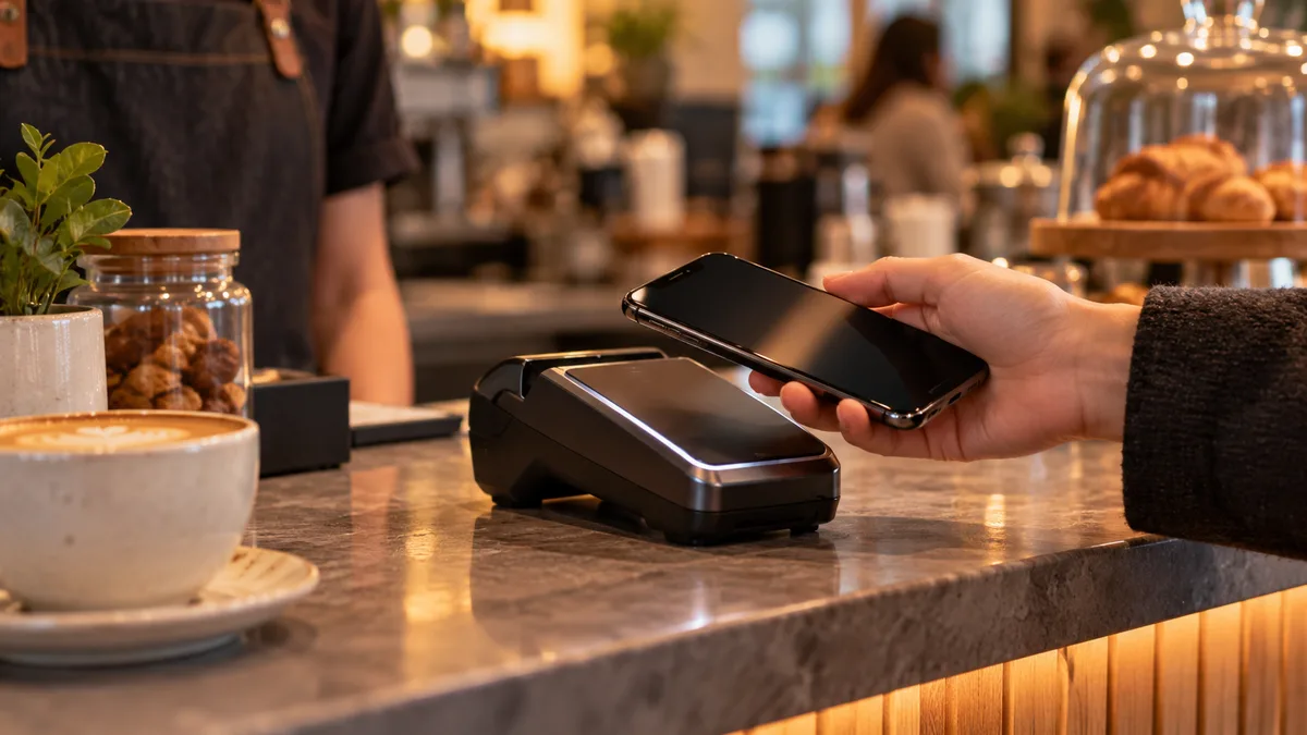 Smartfon przyłożony do terminala płatniczego – płatność zbliżeniowa NFC