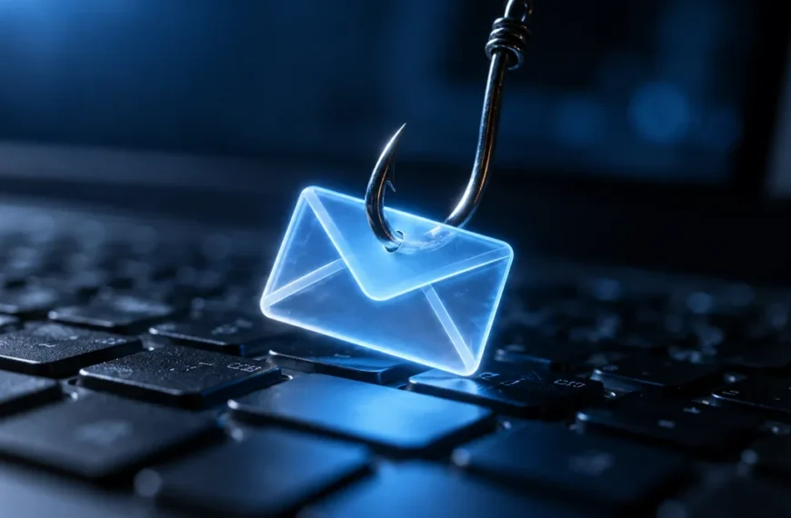 Haczyk wędkarski zaczepiony o kopertę nad klawiaturą laptopa – symbol phishingu