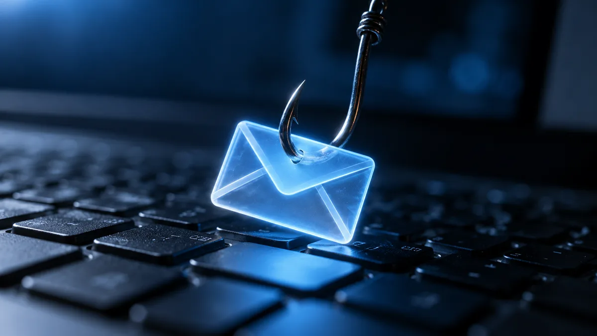 Haczyk wędkarski zaczepiony o kopertę nad klawiaturą laptopa – symbol phishingu