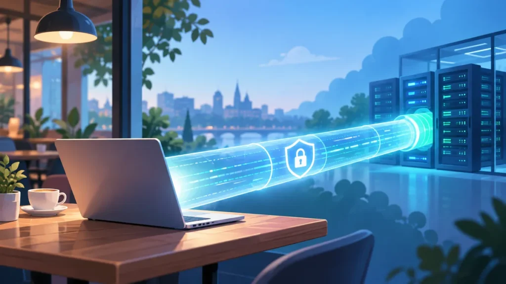 Laptop połączony świetlnym tunelem z serwerem – ilustracja działania VPN