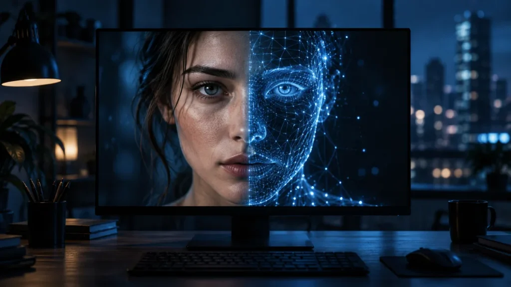 Twarz na ekranie monitora w połowie zamieniona w cyfrową siatkę – ilustracja deepfake