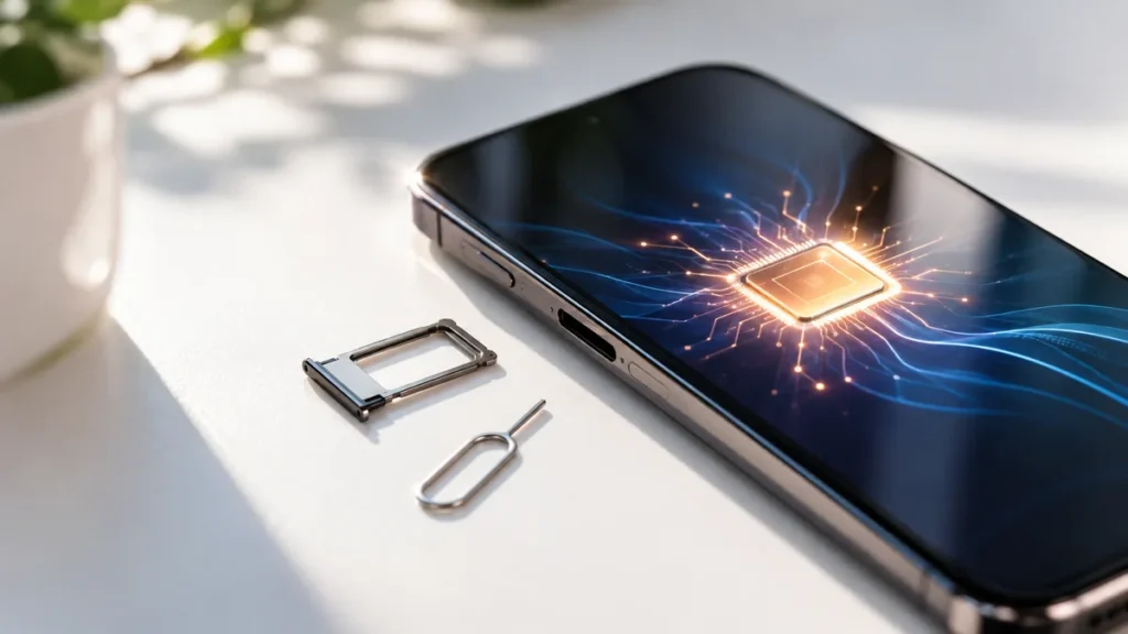Smartfon obok pustej szufladki na kartę SIM – symbol przejścia na eSIM