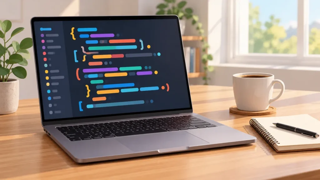 Laptop z abstrakcyjnym kodem strony internetowej na biurku – nauka HTML