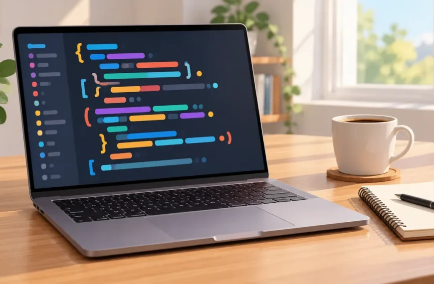 Laptop z abstrakcyjnym kodem strony internetowej na biurku – nauka HTML