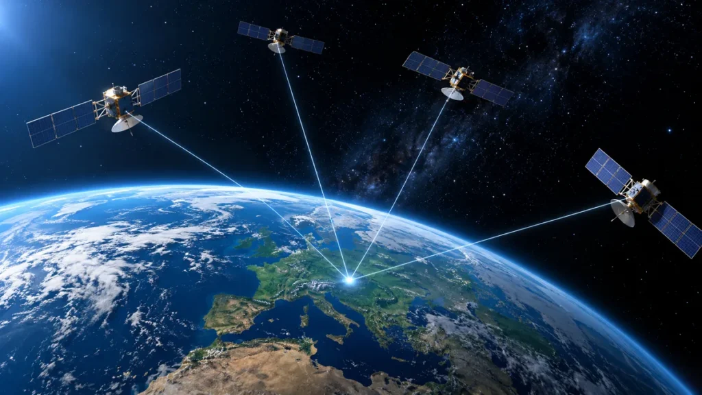 Satelity nawigacyjne na orbicie wysyłające sygnał w stronę Ziemi
