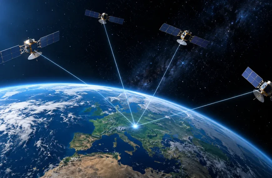 Satelity nawigacyjne na orbicie wysyłające sygnał w stronę Ziemi