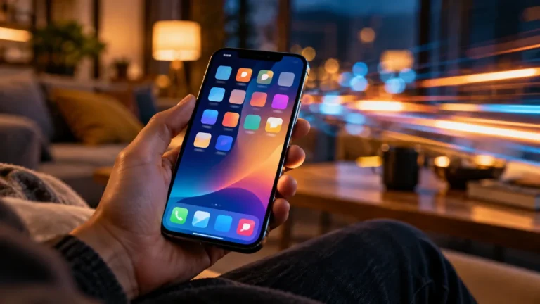 Dłoń trzymająca smartfon na tle smug światła symbolizujących szybkość