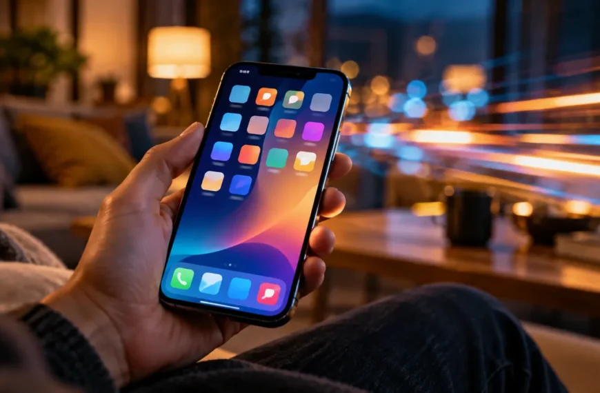 Dłoń trzymająca smartfon na tle smug światła symbolizujących szybkość