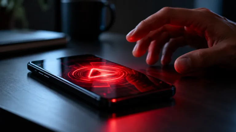Smartfon na biurku z czerwonym ostrzeżeniem na ekranie – objaw, że telefon może być zhakowany