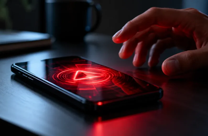Smartfon na biurku z czerwonym ostrzeżeniem na ekranie – objaw, że telefon może być zhakowany