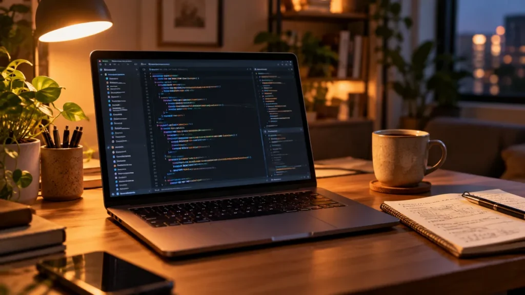 Laptop z otwartym edytorem kodu i notatnikiem na biurku osoby uczącej się programowania