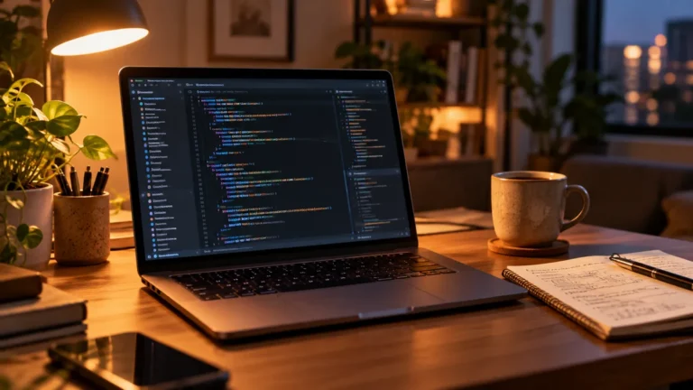 Laptop z otwartym edytorem kodu i notatnikiem na biurku osoby uczącej się programowania