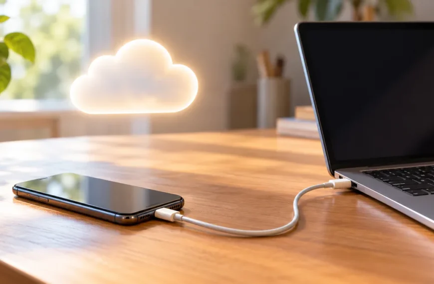 Smartfon podłączony do laptopa podczas tworzenia kopii zapasowej