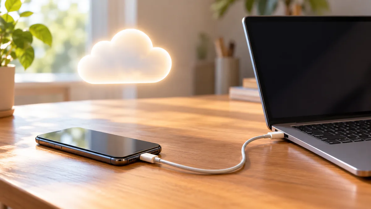 Smartfon podłączony do laptopa podczas tworzenia kopii zapasowej