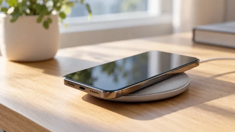 Smartfon leżący na okrągłej ładowarce indukcyjnej na drewnianym biurku