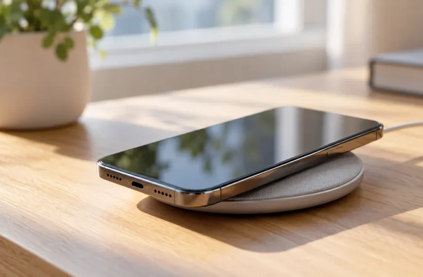 Smartfon leżący na okrągłej ładowarce indukcyjnej na drewnianym biurku