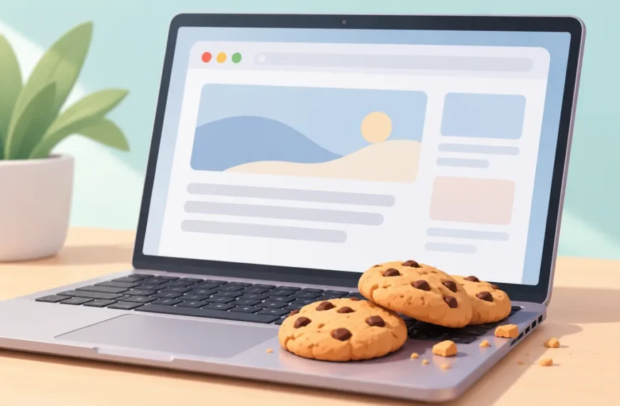 Laptop z oknem przeglądarki i ciasteczkami na klawiaturze – ilustracja plików cookies