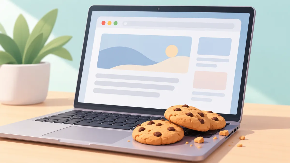 Laptop z oknem przeglądarki i ciasteczkami na klawiaturze – ilustracja plików cookies
