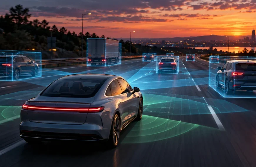 Samochód autonomiczny na autostradzie z wizualizacją czujników lidar i radar