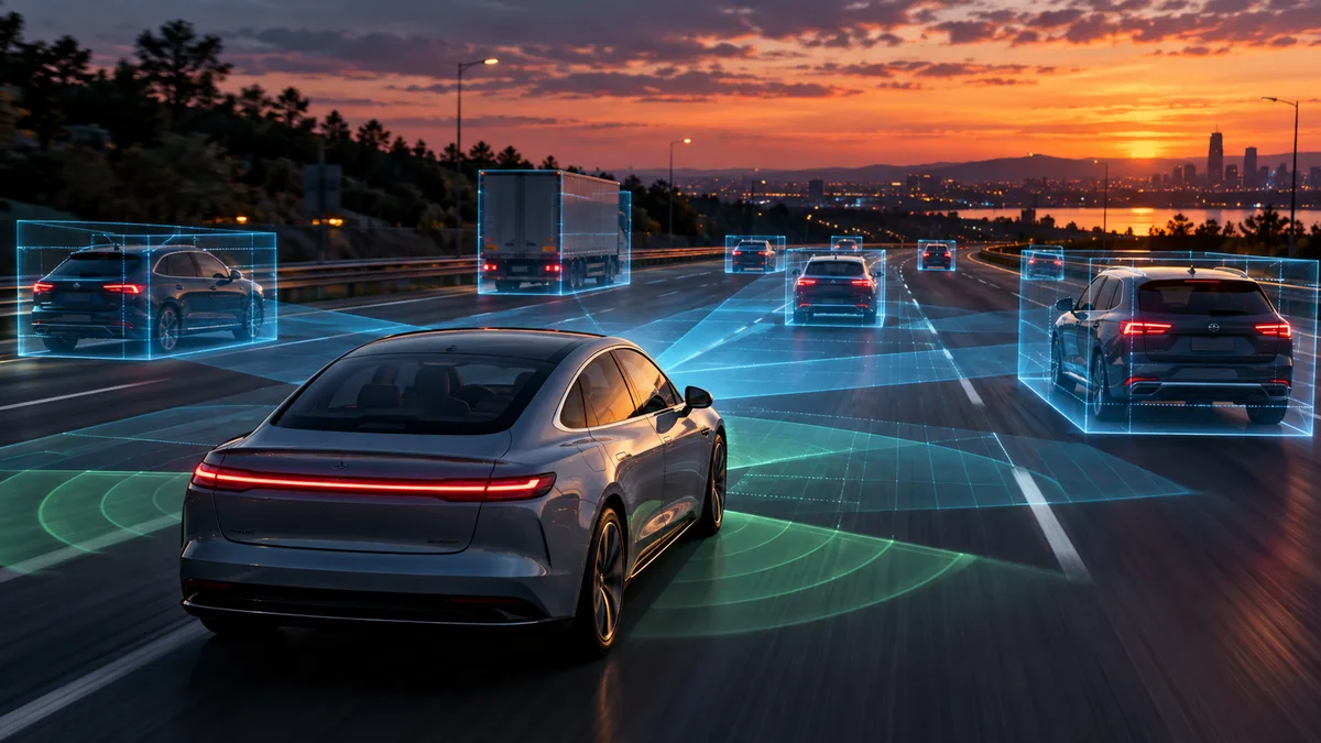 Samochód autonomiczny na autostradzie z wizualizacją czujników lidar i radar