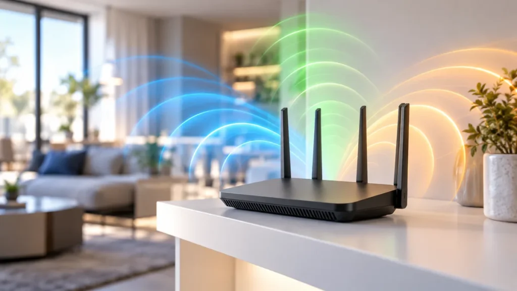 Nowoczesny router Wi-Fi 7 emitujący sygnał w kilku pasmach jednocześnie