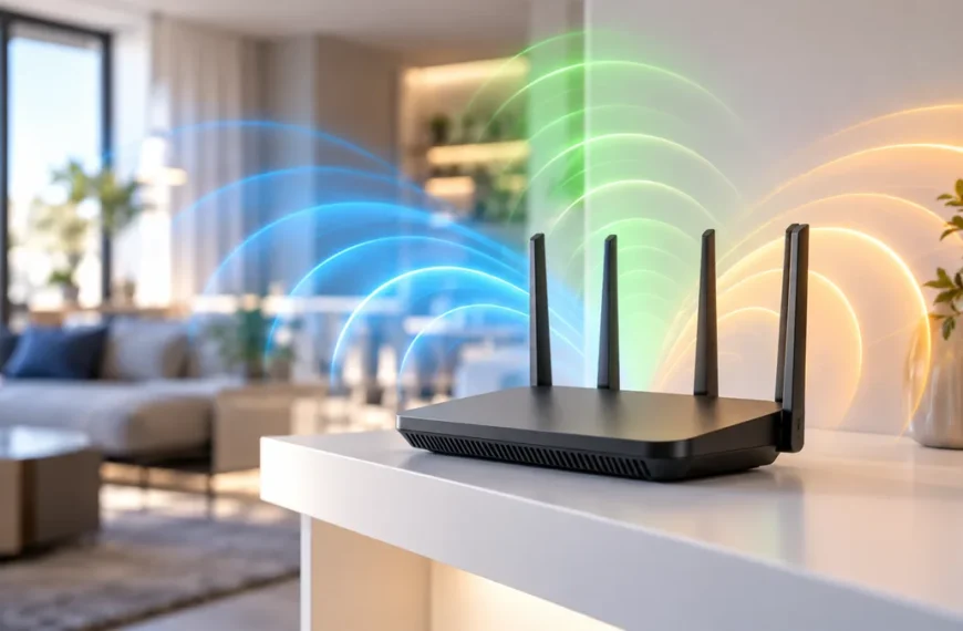 Nowoczesny router Wi-Fi 7 emitujący sygnał w kilku pasmach jednocześnie